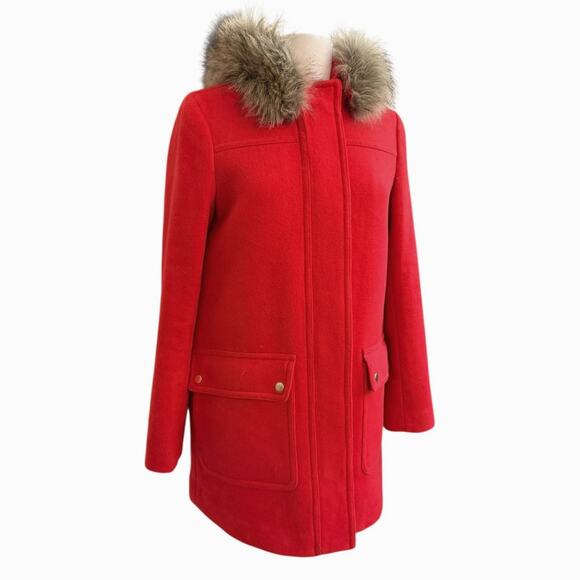 J. Crew Red Wool Blend Long Red Patka Coat Fur Hood Sz 8 Winter Statement chic - Picture 6 of 8